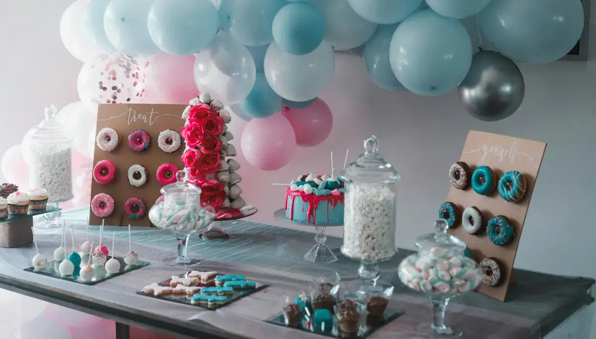 Prizes for Baby Shower Games: Rewards for Fun Times in 2024 5 Sweets bar with donuts and balloons.